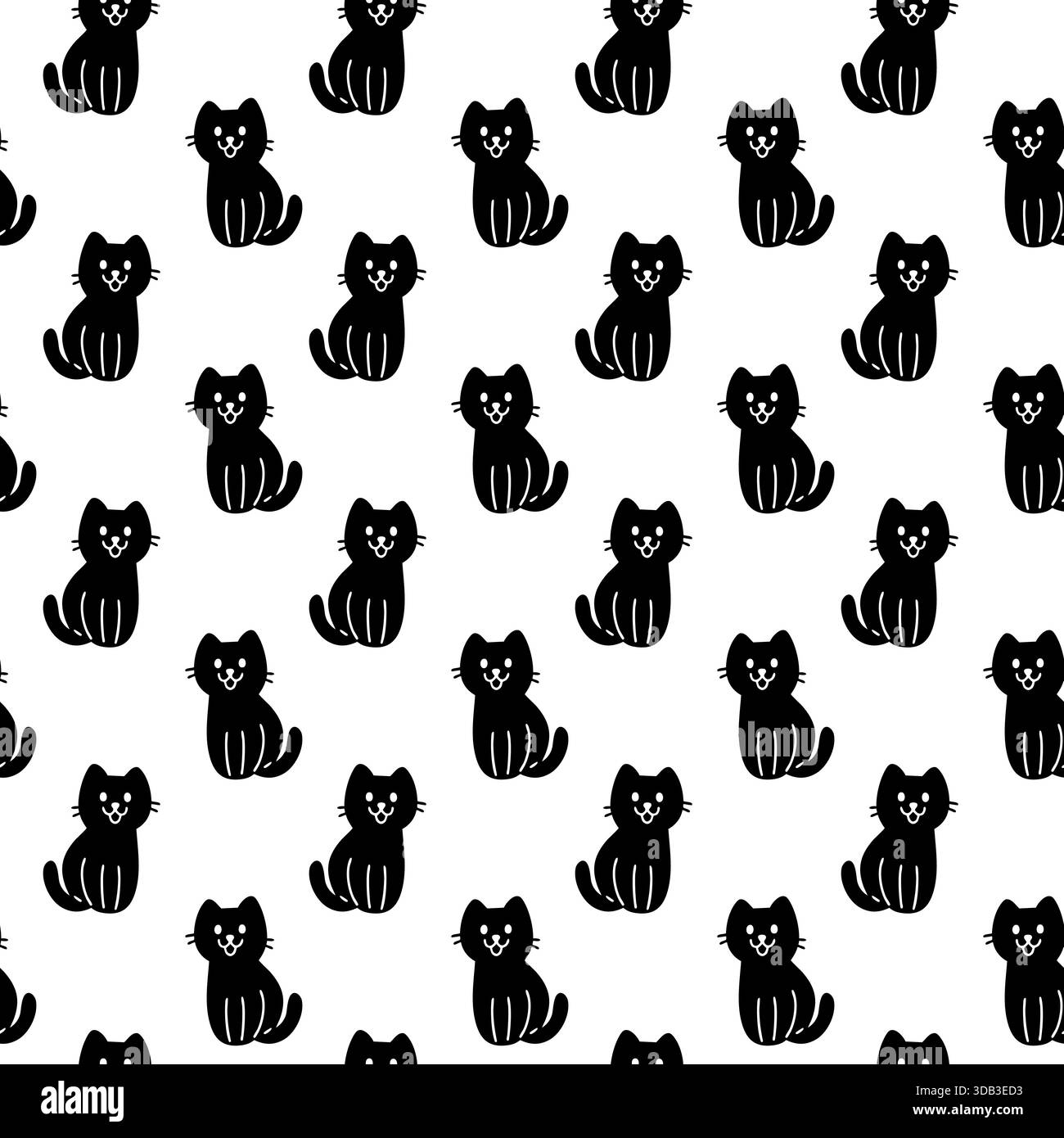 Motivo senza cuciture con gatti seduti neri disegnati a mano. Simpatico sfondo vettoriale gattino. Illustrazione Vettoriale