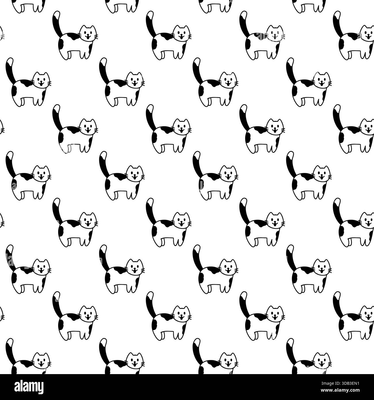 Disegno a mano senza cuciture con simpatico gatto in piedi. Sfondo PET vettoriale. Illustrazione Vettoriale