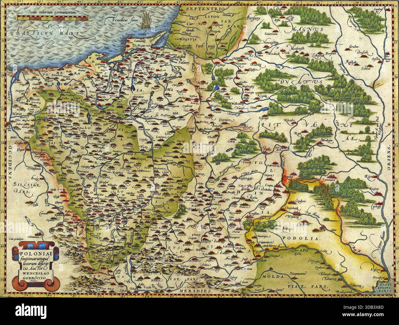 Antica carta della Polonia e del Mar Baltico, di Abraham Ortelius, circa 1570 Foto Stock