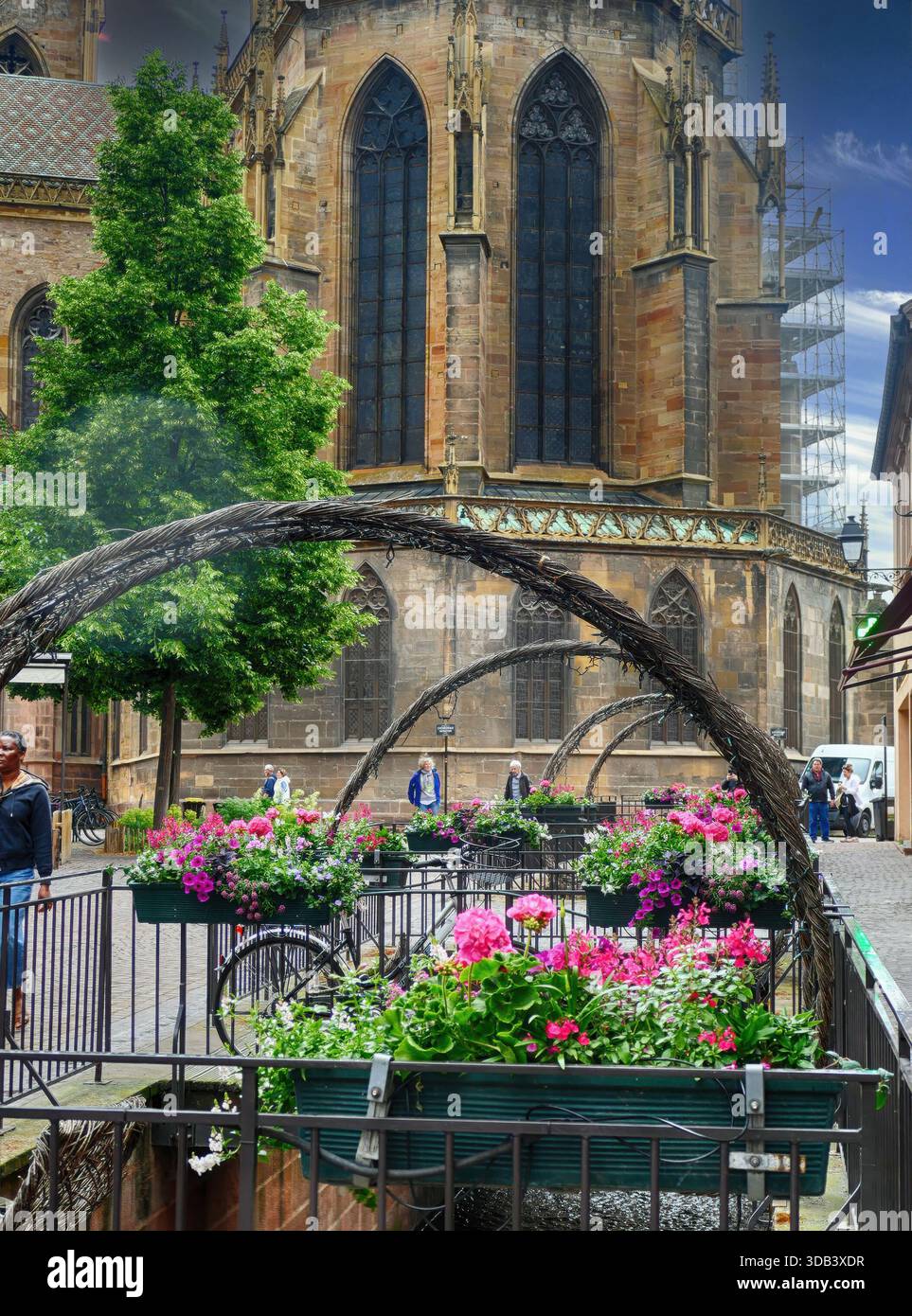 COLMAR, GERMANIA - 28 MAGGIO 2024 - petunie e gerani in fiore rosa e viola in scatole di fiori lungo il canale di Metz, Francia, migliorano le immagini Foto Stock