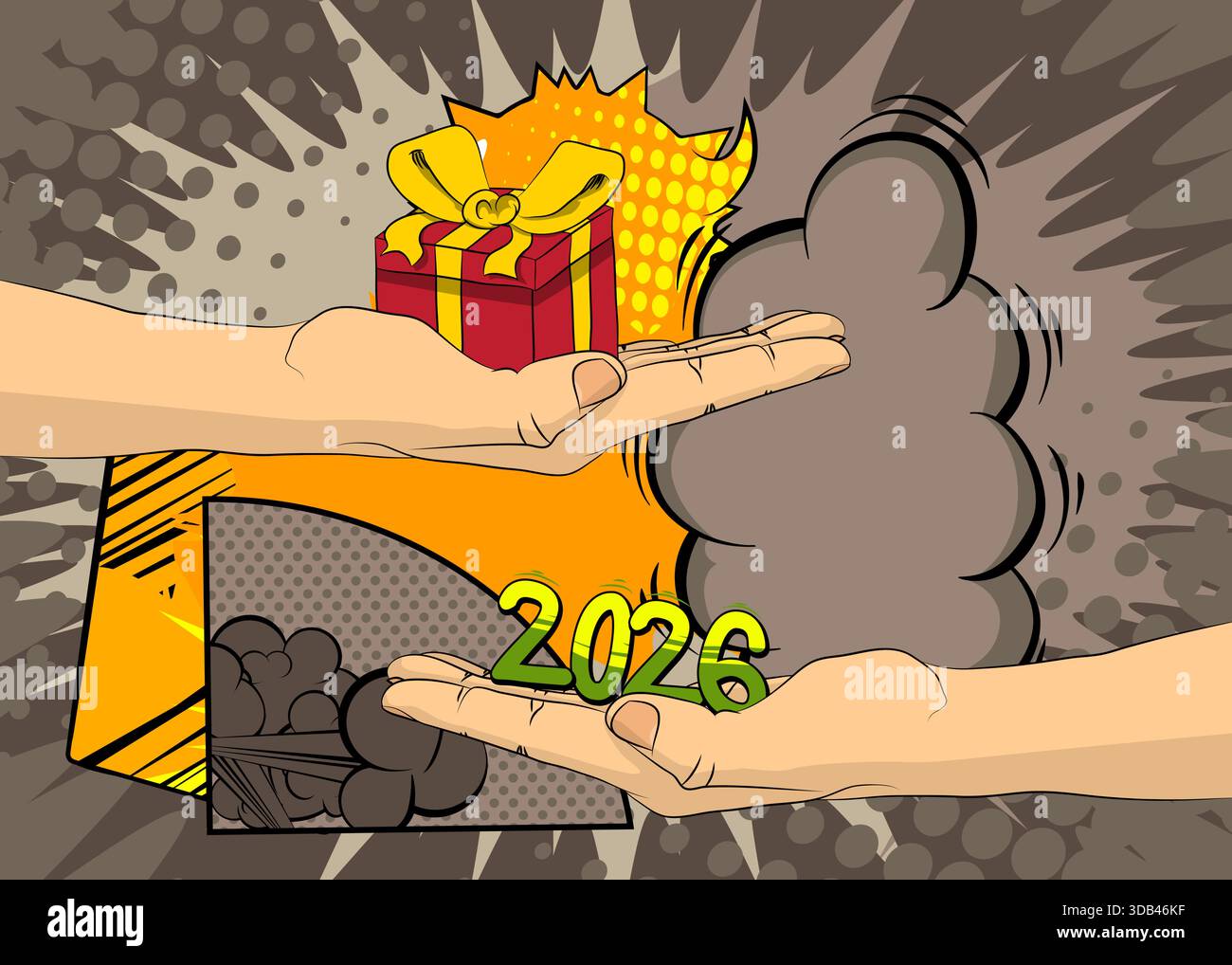 Cartone animato, fumetto mani umane che tengono in mano la confezione regalo e il numero 2026. Fumetti vettoriali retrò e pop art. Illustrazione Vettoriale