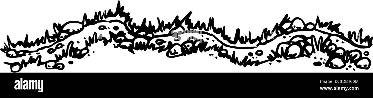 Illustrazione vettoriale di un percorso con pietre ed erba, situato in una foresta o in montagna Illustrazione Vettoriale