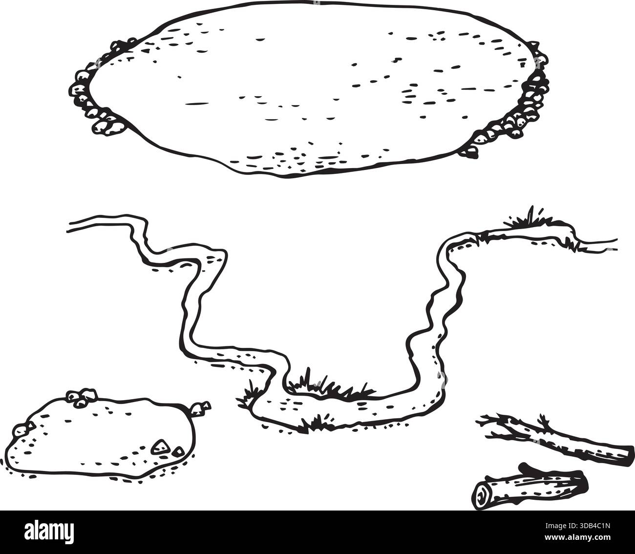 Due laghi e un fiume con tronchi in stile vettoriale semplificato. Per la progettazione di abbigliamento turistico. Illustrazione Vettoriale