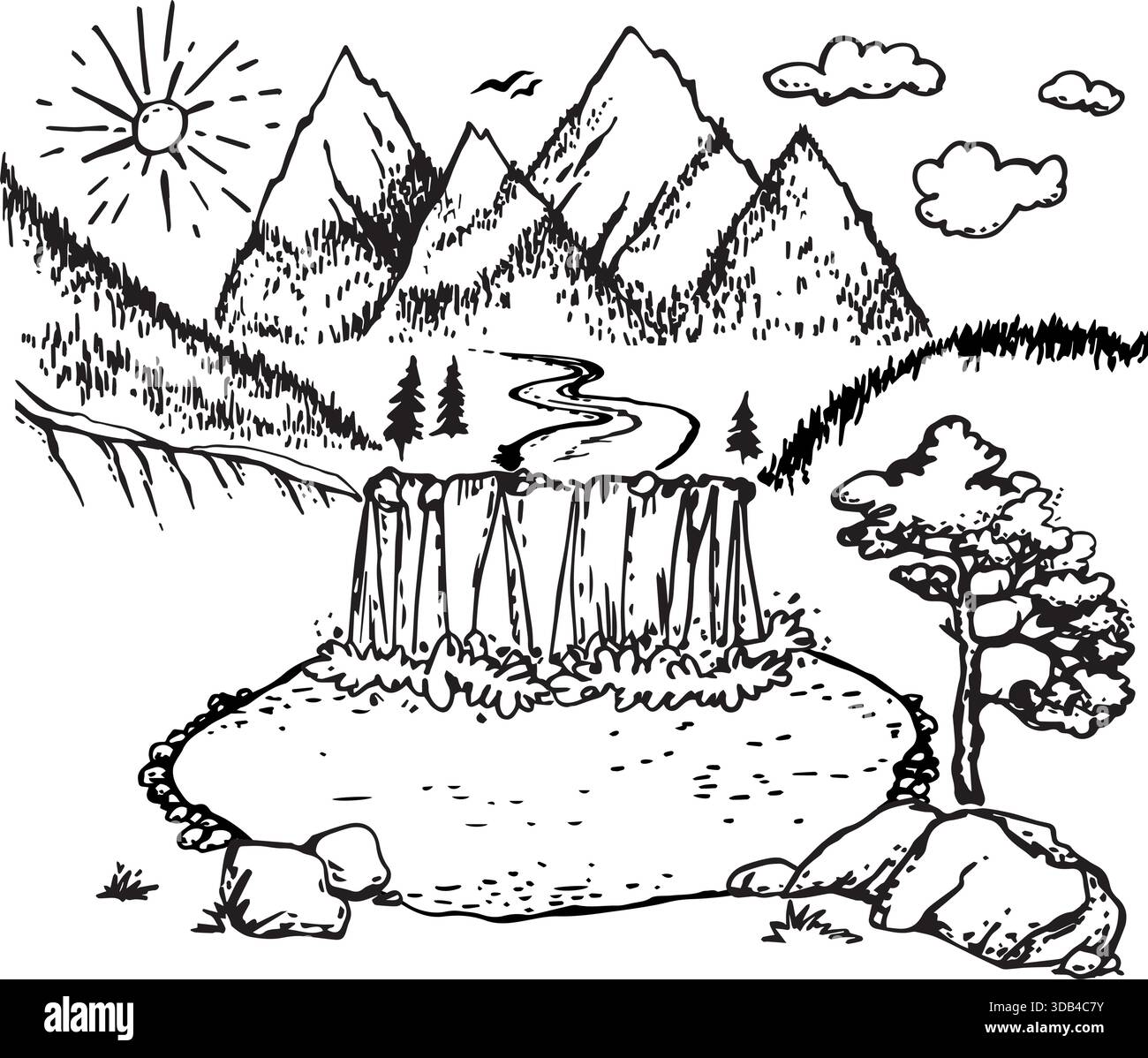 Contorno bianco e nero del paesaggio di montagna vettoriale. Per la progettazione di stoviglie turistiche, abbigliamento, T-shirt e materiali stampati. Illustrazione Vettoriale