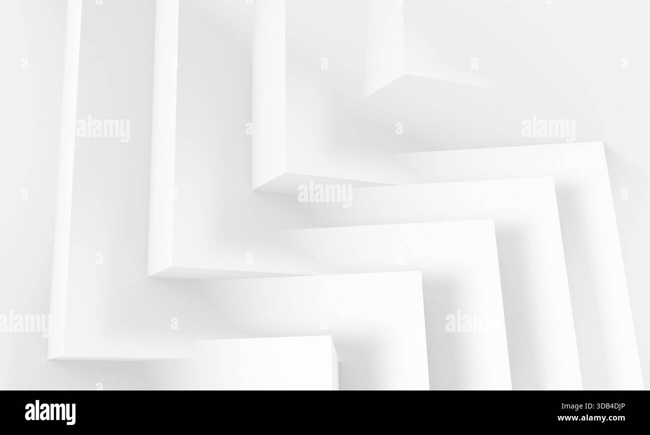 Una composizione astratta pulita e bianca con forme geometriche a gradini che creano profondità e ombre morbide. Design moderno e minimale, ideale come backgroun Foto Stock
