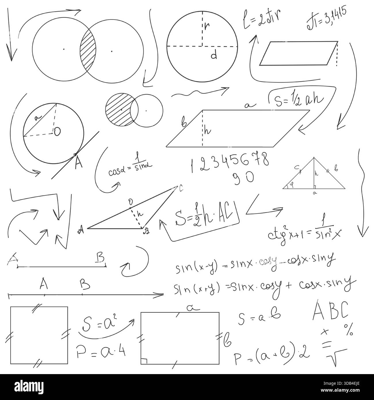 Figure e cerchi matematici scolastici, schizzi in bianco e nero. Illustrazione vettoriale. Equazioni trigonometriche e algebriche, formule e frecce isolate su A. Illustrazione Vettoriale