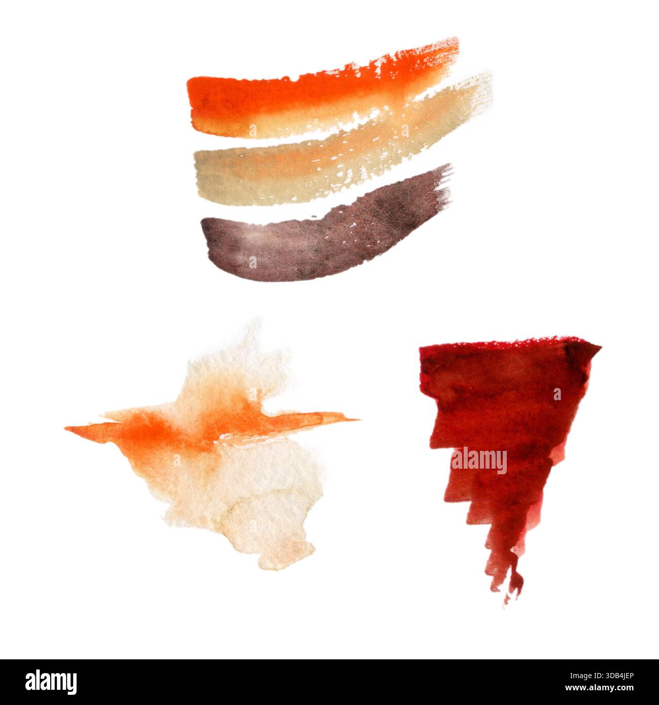 Strisce ad acquerello arancione, beige e marrone a strati, cono rosso intenso in composizione ritmica. Illustrazione isolata ad acquerello. Ideale per editoriali Foto Stock