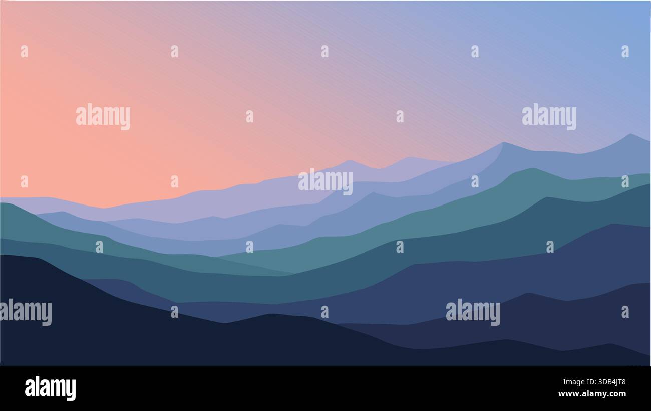 Un paesaggio di montagna vettoriale pianeggiante con colline stratificate, cielo sfumato al tramonto dai colori pastello, contorni puliti e forme semplici Illustrazione Vettoriale