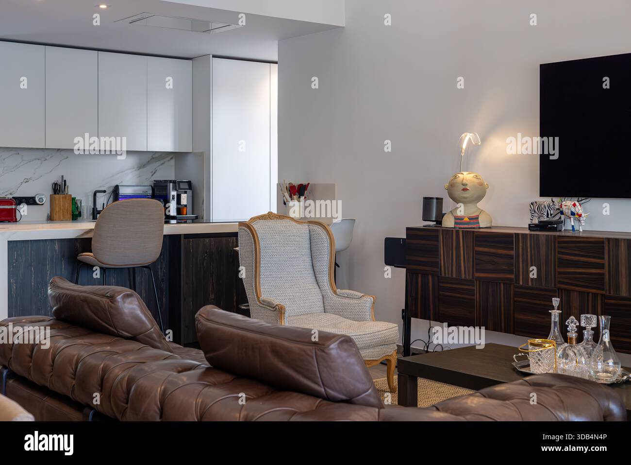 Elegante spazio abitativo con mobili misti, cucina in marmo ed elementi decorativi unici Foto Stock