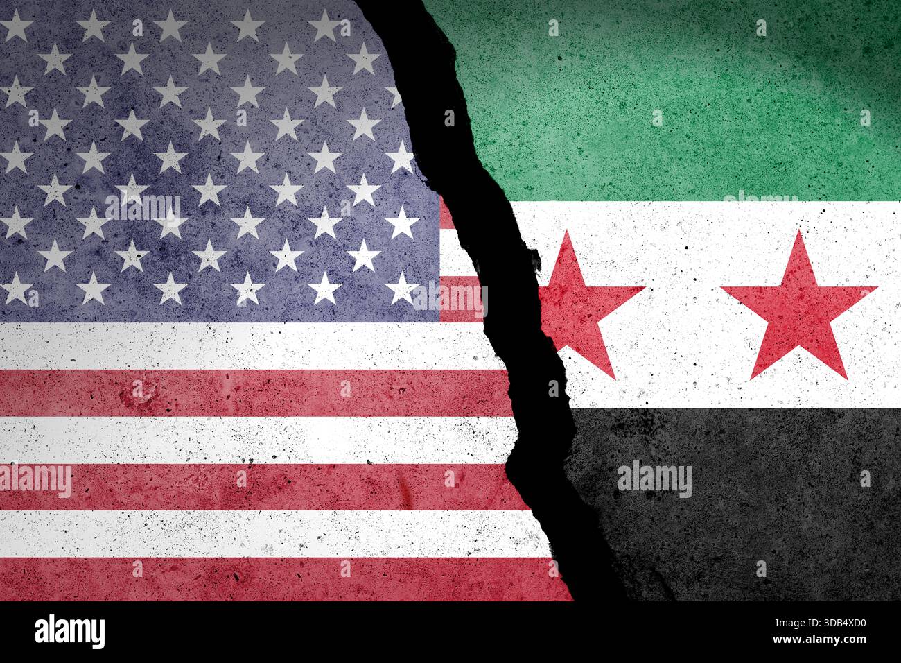 Bandiera degli Stati Uniti e della Siria dipinta su un muro di cemento Foto Stock
