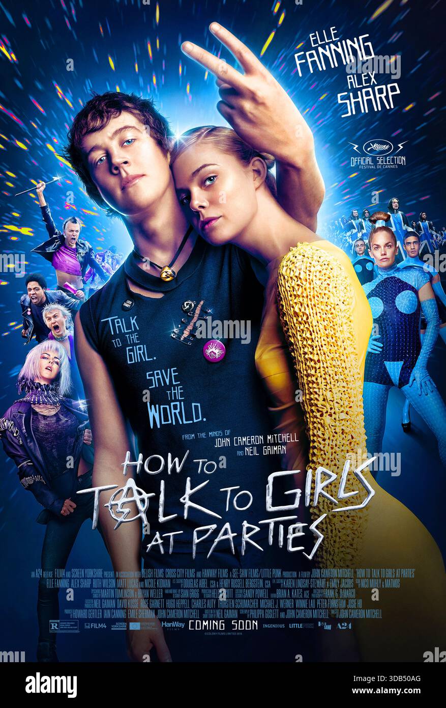 How to Talk to Girls at Parties (2017) diretto da John Cameron Mitchell e interpretato da Elle Fanning, Alex Sharp e Nicole Kidman. Alla fine degli anni '1970 a Londra, un timido fan punk incontra una ragazza aliena che si ribella contro la sua rigida colonia, e insieme si immergono nel caos della scena punk locale. USA SOLO PER USO EDITORIALE DI un foglio di poster. Credito: BFA / A24 Foto Stock