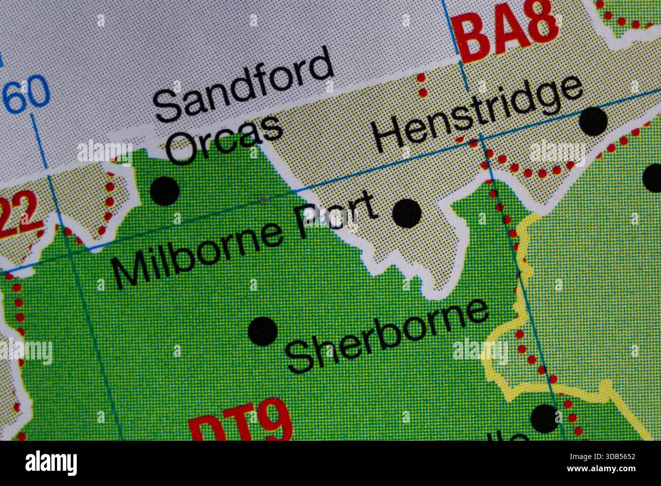 Milborne Port - Regno Unito colore atlas mappa città nome della zona Foto Stock