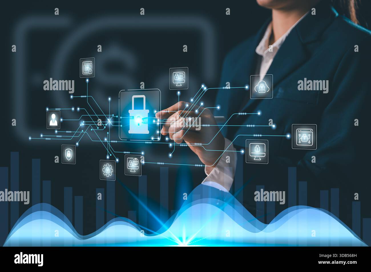 Lucchetto olografico luminoso che interagisce con i professionisti aziendali collegato tramite icone del flusso di dati digitali che rappresentano i dati delle reti sicure di sicurezza informatica p Foto Stock