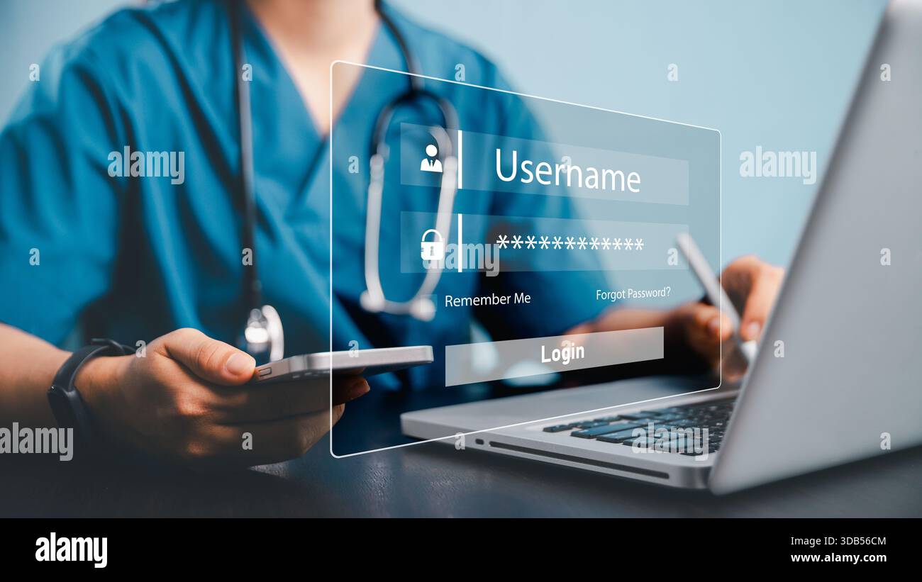 Professionista medico che utilizza laptop, smartphone con interfaccia di accesso virtuale che mette in evidenza l'accesso sicuro, la protezione dei dati della tecnologia sanitaria, digitale Foto Stock