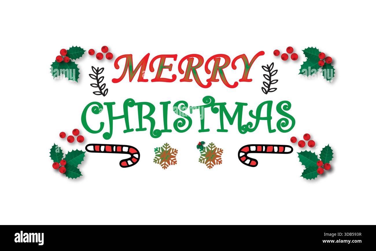 Buon Natale Typography Vector con Holly, Candy Canes e Snowflakes Illustrazione Vettoriale