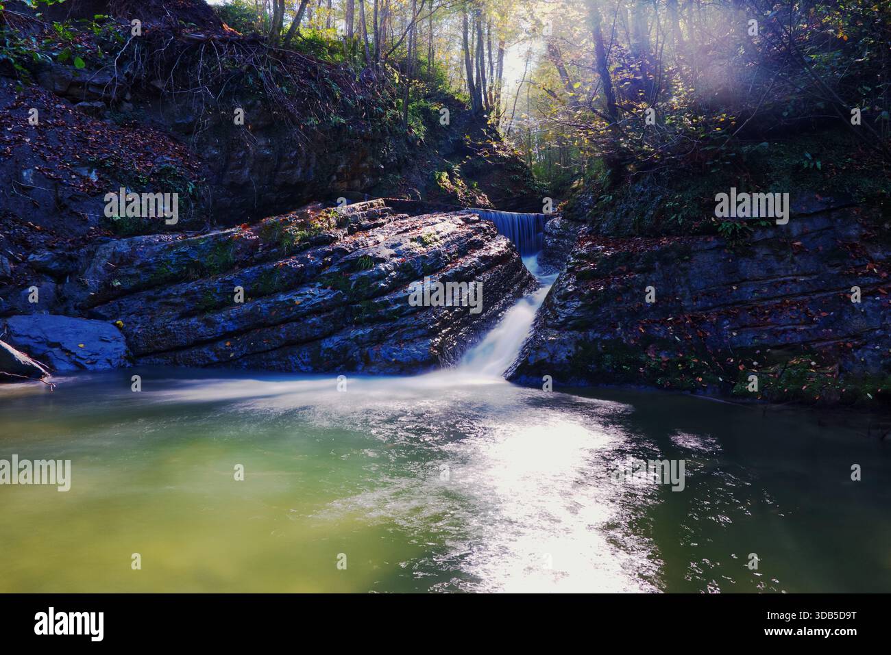 La tranquilla cascata della Foresta scorre sopra i Rocky Layers in luce soffusa. Una piccola e tranquilla cascata che scorre su formazioni rocciose stratificate all'interno di un tranquillo parco Foto Stock