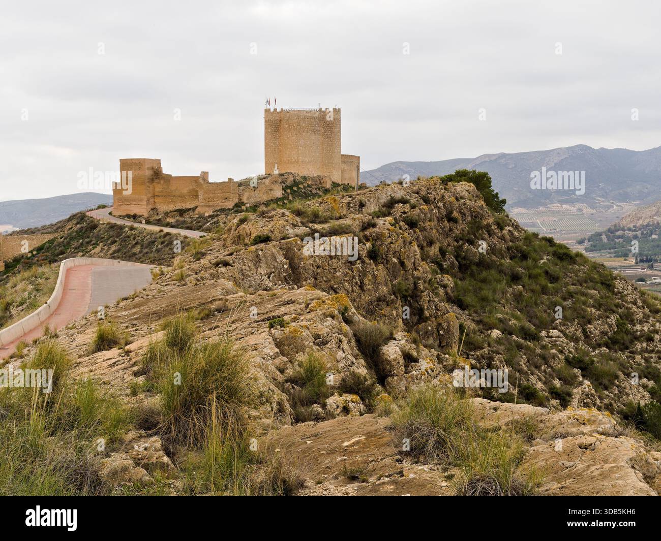 Castello sul crinale di una montagna rocciosa con più montagne sullo sfondo Foto Stock
