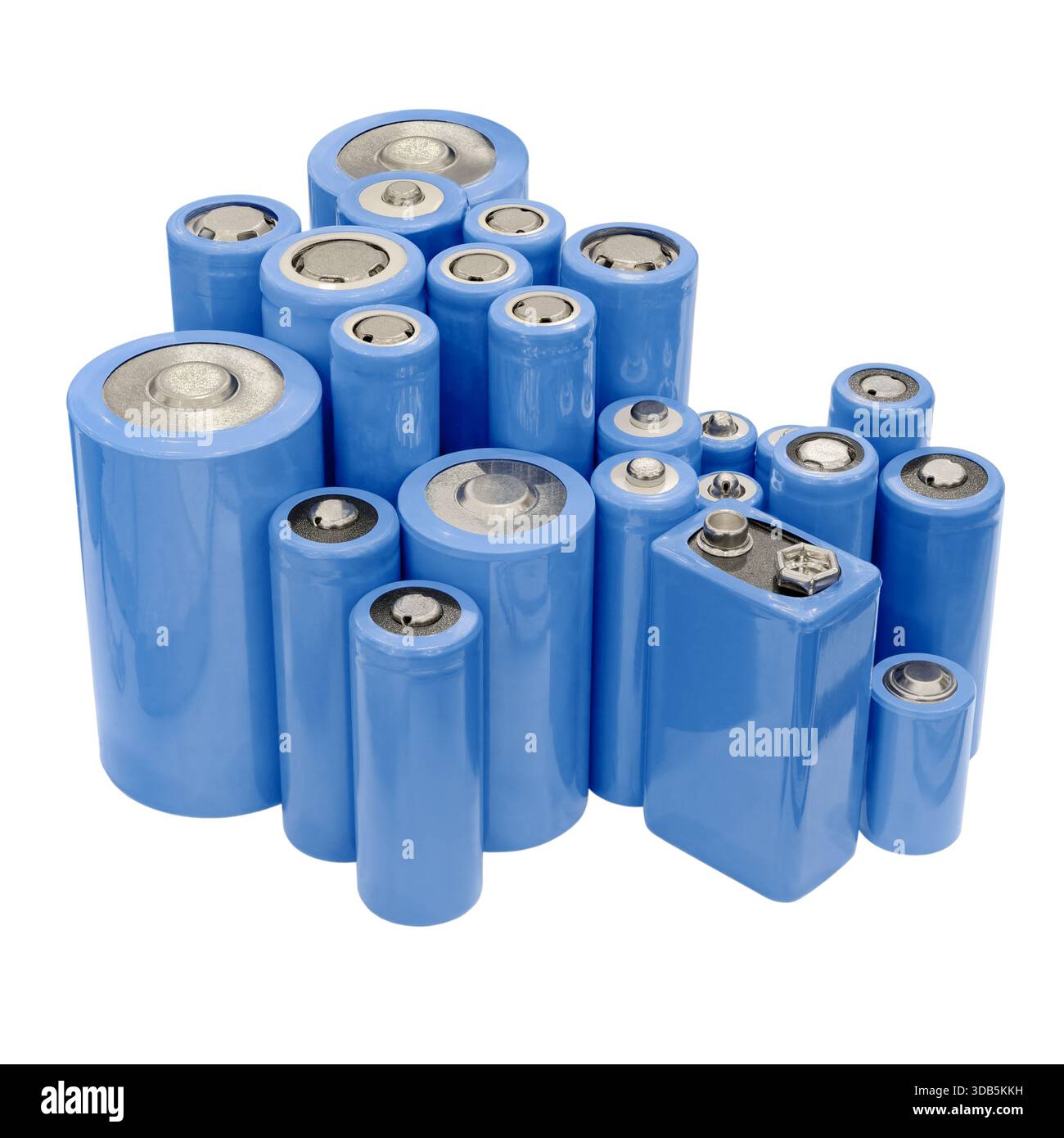 Gruppo di piccole batterie elettriche di varie dimensioni e forme, isolate su sfondo bianco Foto Stock