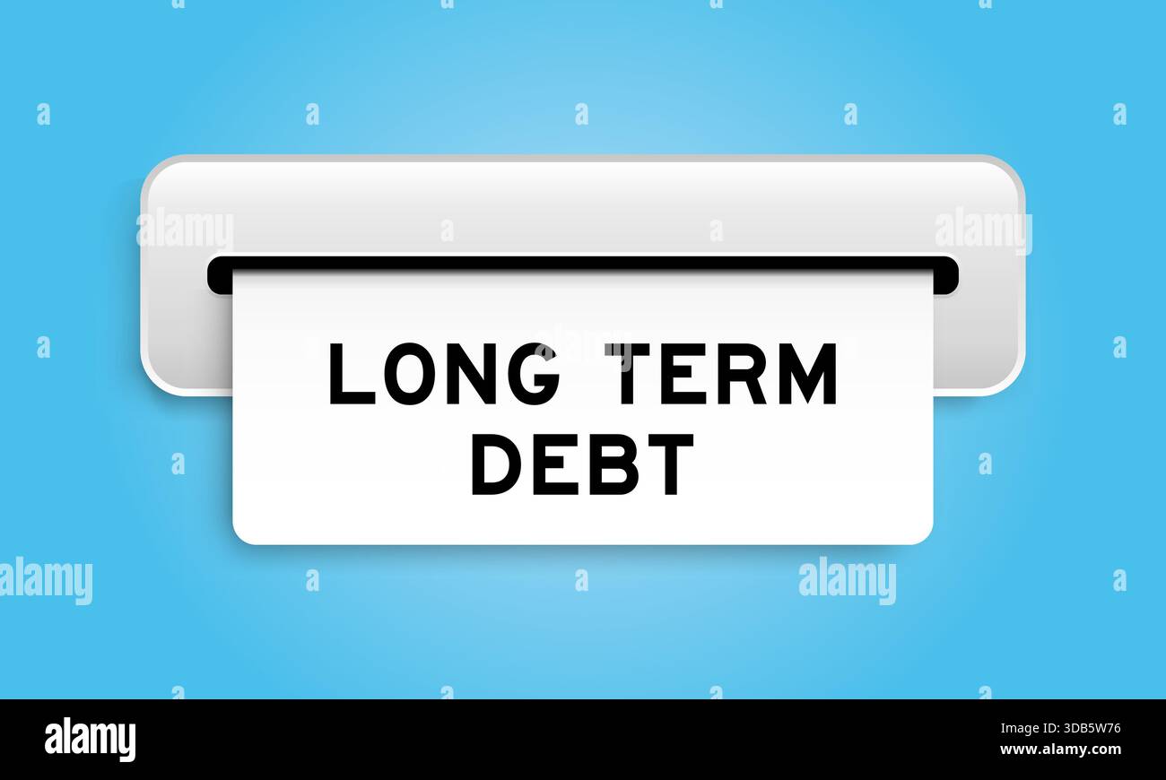 Banner coupon bianco con parola debito a lungo termine da macchina su sfondo blu Illustrazione Vettoriale