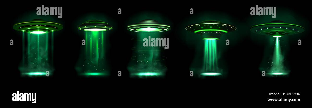 Luce UFO. Astronave aliena con raggio spaziale verde, disco volante in 3d, fumetto fantascientifico. Il bagliore Galaxy con un'illuminazione brillante illumina il raggio verticale e i riflettori al neon. Oggetto isolato realistico vettoriale Illustrazione Vettoriale