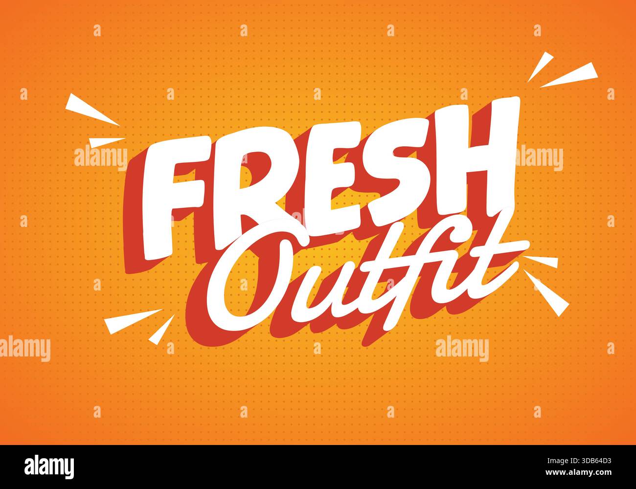 Un vivace design grafico con le parole FRESH outfit in audace e giocosa tipografia su sfondo arancione Illustrazione Vettoriale