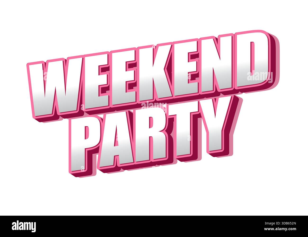 Grafica con testo stilizzato con le parole Weekend Party in grassetto, lettere 3D con una finitura lucida. Illustrazione Vettoriale