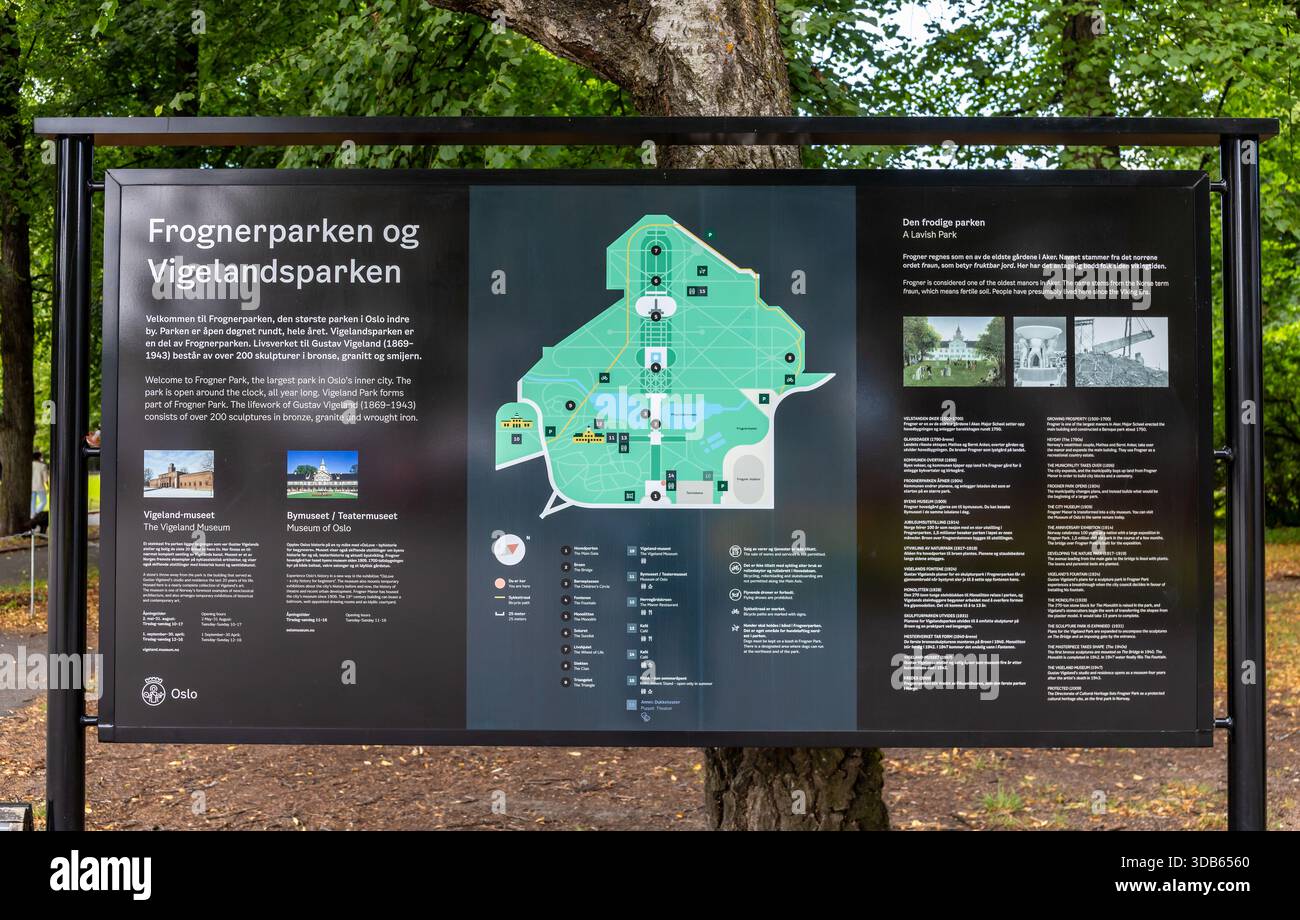 Oslo, Norvegia - 11 agosto 2025: Mappa informativa e testo all'ingresso di Frognerparken e Vigelandsparken, che spiega le sculture e il parco hi Foto Stock