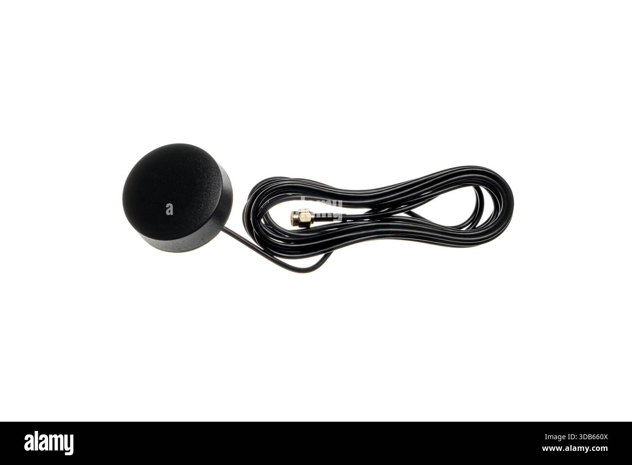 Antenna GNSS nera, GPS a disco magnetico con cavo a spirale e connettore bianco. Foto Stock