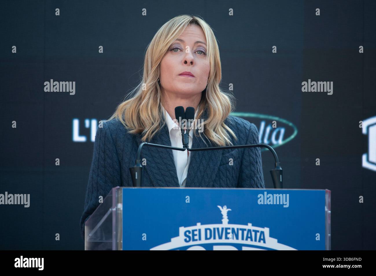 Roma, Italia. 14 dicembre 2025. Giorgia Meloni, Presidente del Consiglio dei Ministri, partecipa ad Atreju 2025. Solo per uso editoriale, non per uso commerciale. Diego Nangano cappello/Alamy Live News Foto Stock