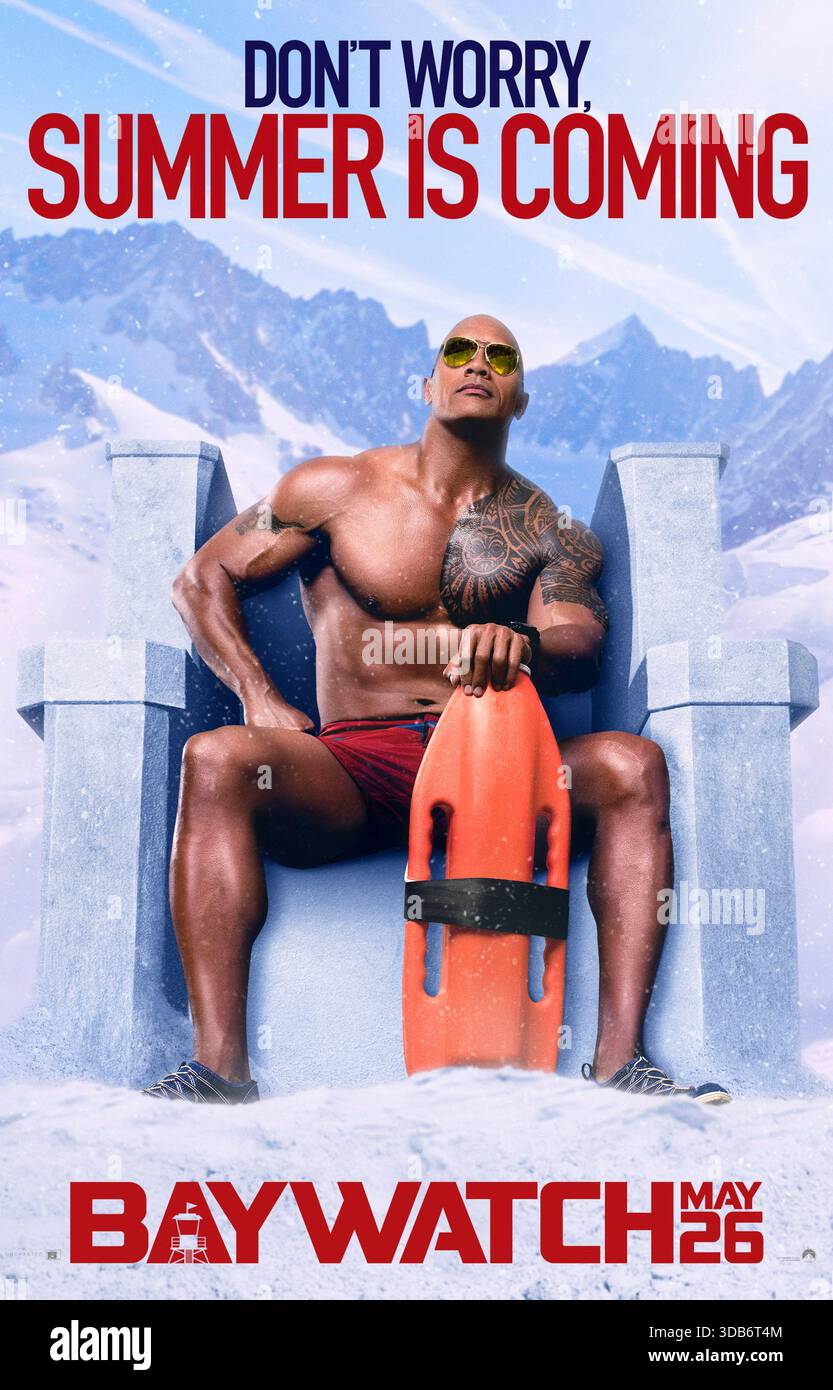 Baywatch (2017) diretto da Seth Gordon e interpretato da Dwayne Johnson, Zac Efron e Alexandra Daddario. I bagnini d'élite su una famosa spiaggia si scontrano con un ex olimpico disonorato mentre scoprono un piano criminale che minaccia la loro costa. SOLO PER L'USO EDITORIALE del poster STATUNITENSE. Credito: Immagini BFA/Paramount Foto Stock
