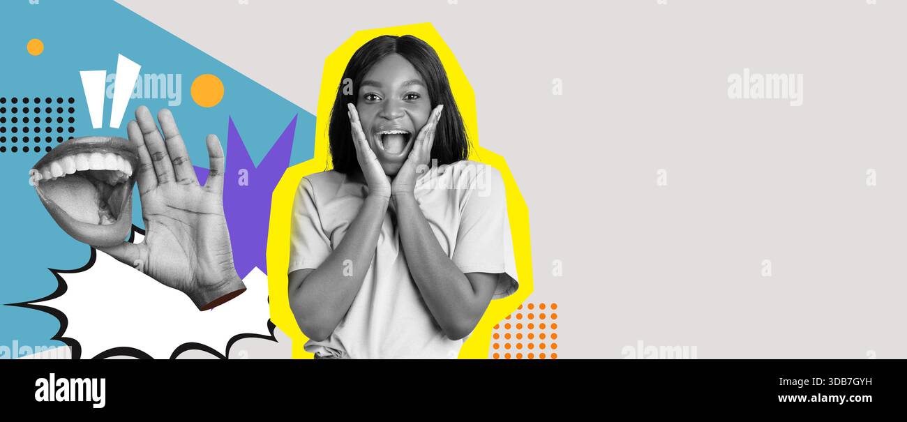Collage con espressioni gioiose ed elementi artistici in colori vivaci Foto Stock