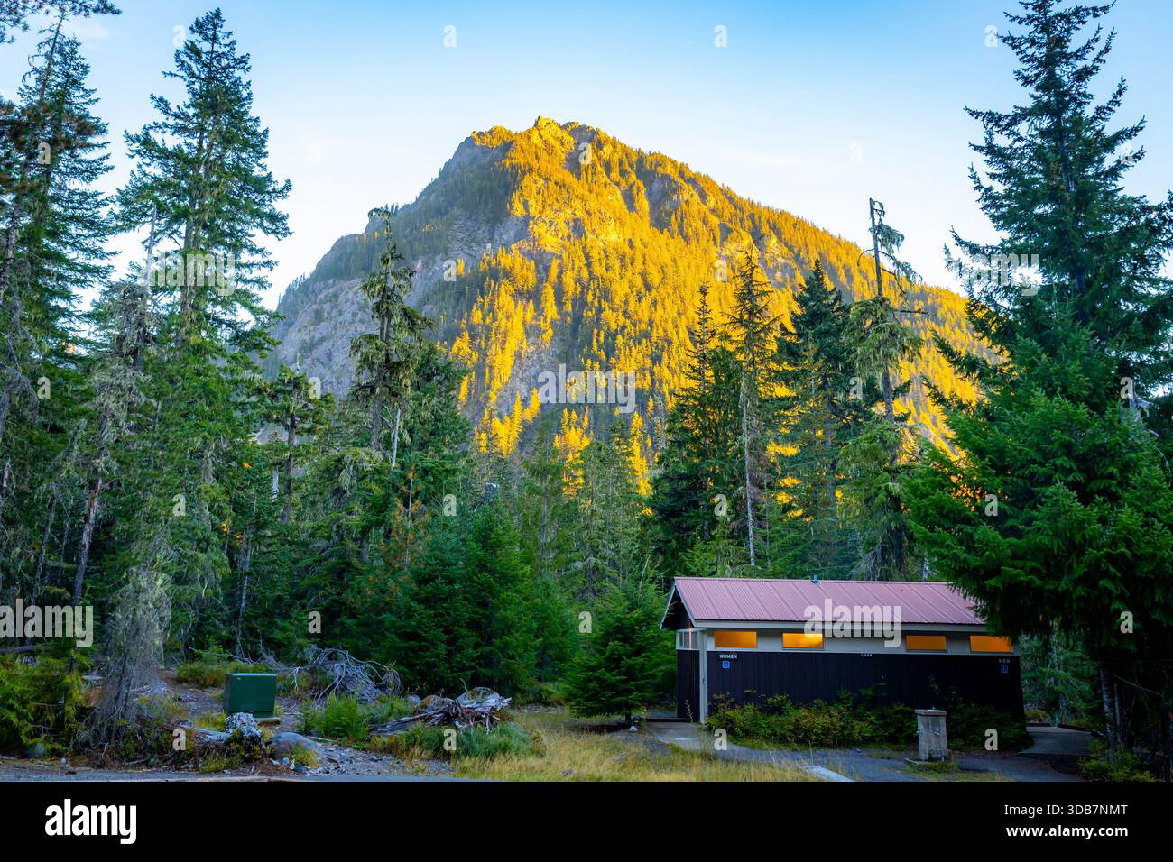 Una vista panoramica del Monte Rainier è splendidamente illuminata all'alba, catturata da un tranquillo Mount Rainier Campground a Washington. Foto Stock