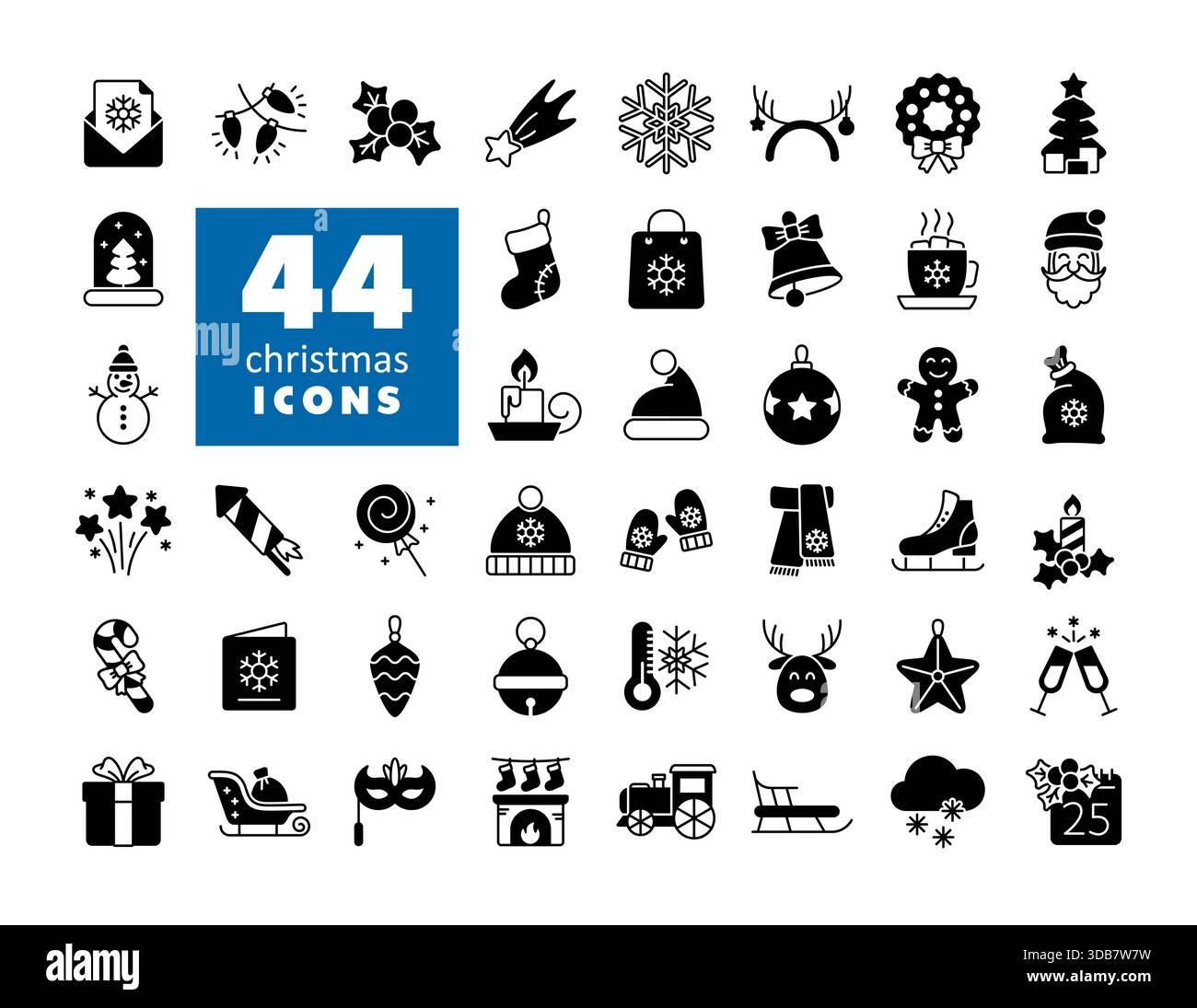 Buon Natale con un set di icone a tinta unita vettoriale. Insegna invernale. Simbolo grafico del sito Web di eventi e festività e del design delle app, logo, app, interfaccia utente Illustrazione Vettoriale