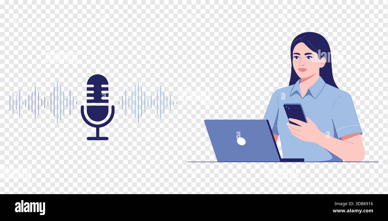 Scena per la creazione di contenuti podcast con microfono e host femminile Illustrazione Vettoriale