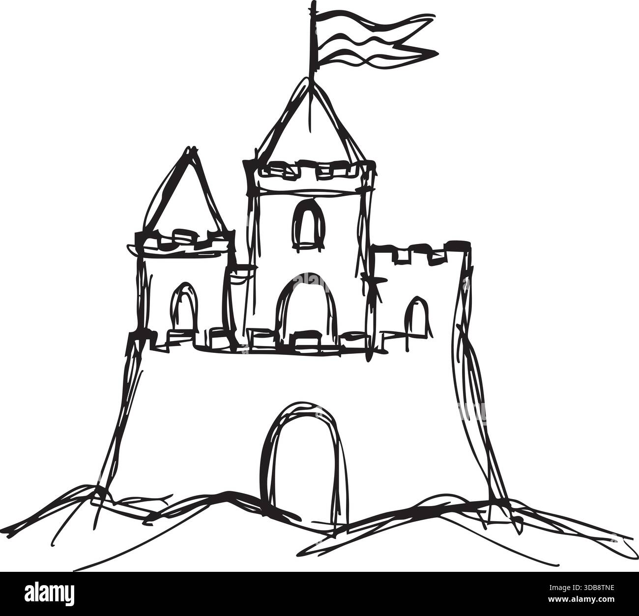 Un castello in stile medievale disegnato a mano arroccato su un tumulo con una bandiera ondulata. Illustrazione Vettoriale