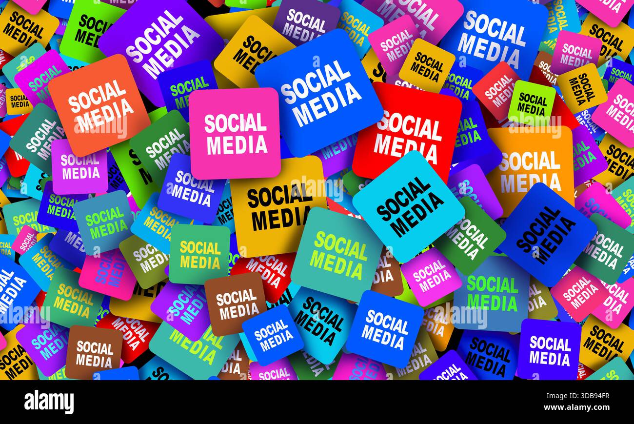 Icona dei social media sfondo come piattaforme online su un dispositivo mobile o un'applicazione per smartphone come comunità digitali siti di rete con un gruppo di Foto Stock