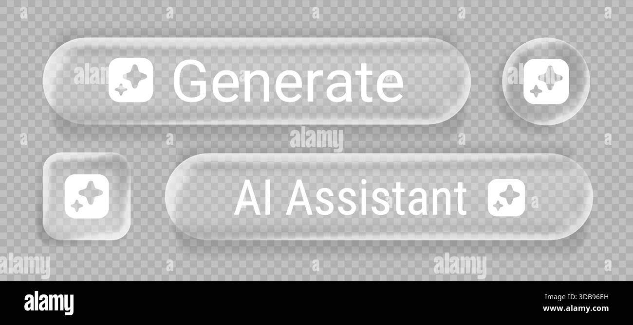 I pulsanti di interfaccia in vetro liquido per IA generano tecnologia con forme rettangolari arrotondate, icone scintillanti e testo. Elementi smerigliati trasparenti decorati da stelle. Moderne risorse di progettazione per app 3D ui. Illustrazione Vettoriale