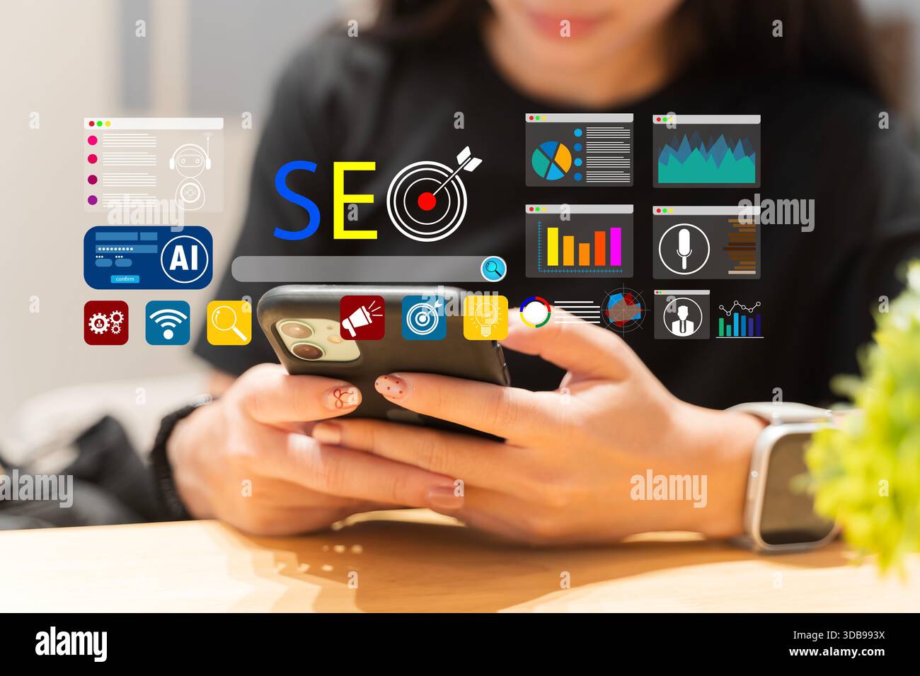 SEO e il concetto di analisi del marketing digitale con icone di smartphone e dashboard virtuali, che rappresentano l'ottimizzazione della ricerca, l'analisi dei dati, gli strumenti ai, pe Foto Stock