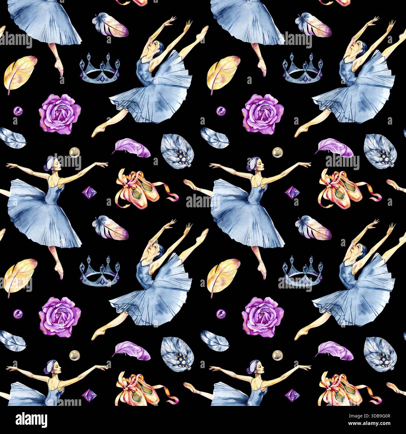 Grazioso motivo ad acquerello senza cuciture con ballerine classiche che ballano in pose espressive. Gonne fluide e movimento elegante creano un look raffinato Foto Stock