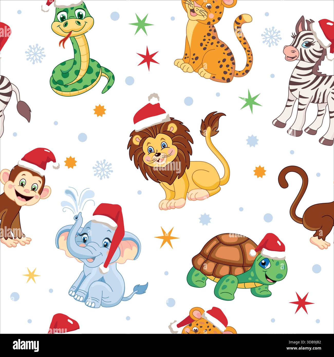 Animali della giungla di Natale in un cappello di Babbo Natale, serpente, pantera, elefante, scimmia, zebra, leone Illustrazione Vettoriale