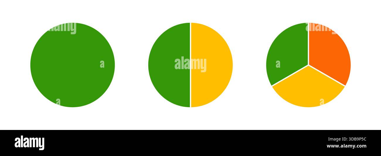 Infografica sui diagrammi multicolore. Grafico della sezione circolare. Ruote divise in sezioni. Diagrammi rotondi multicolori, torte segmentate da 1 a 3 uguali Illustrazione Vettoriale