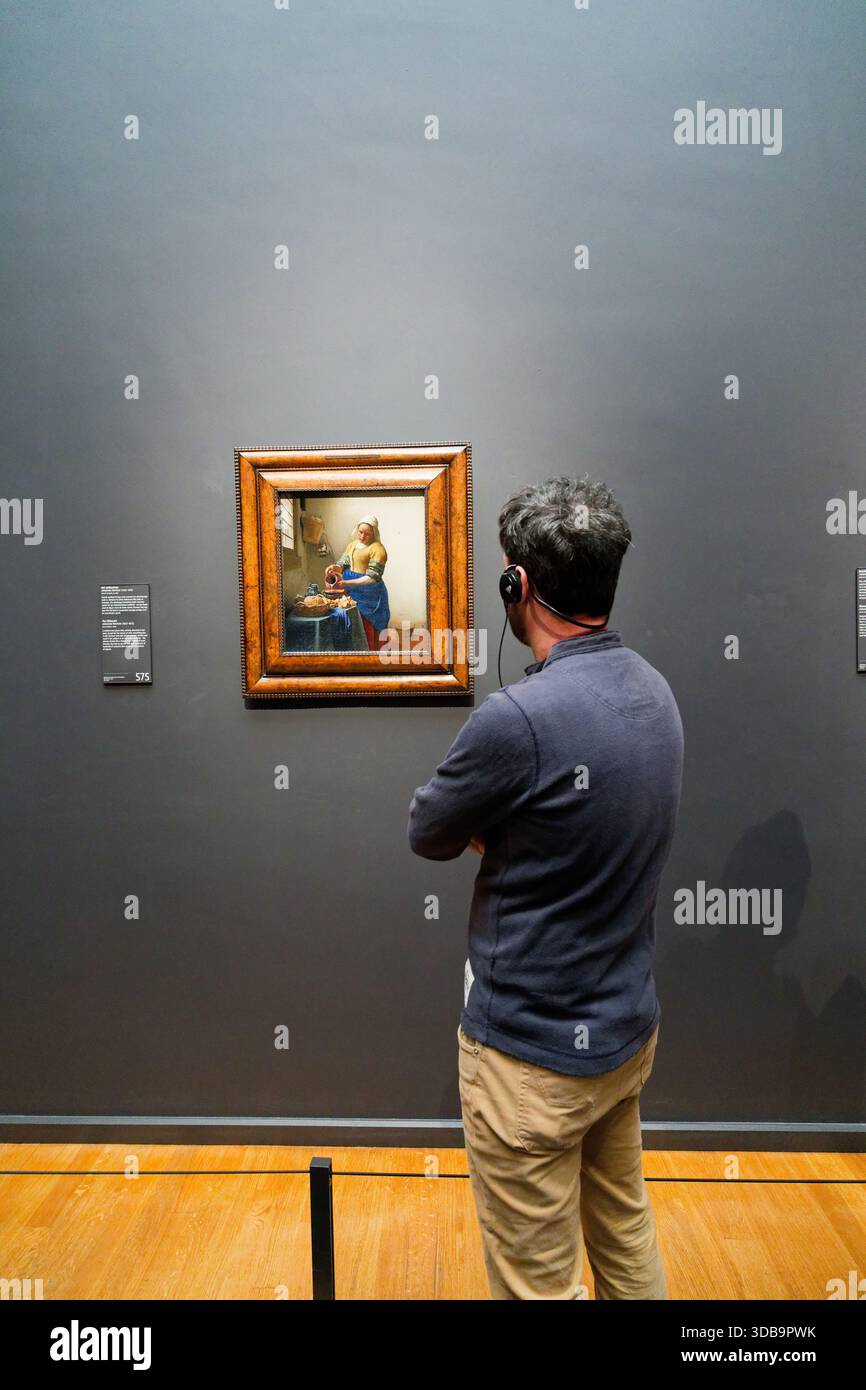 Una persona si trova in una galleria di musei, affascinata da un dipinto classico. L'atmosfera è serena, con un'illuminazione calda che esalta i dettagli delle opere d'arte, Foto Stock