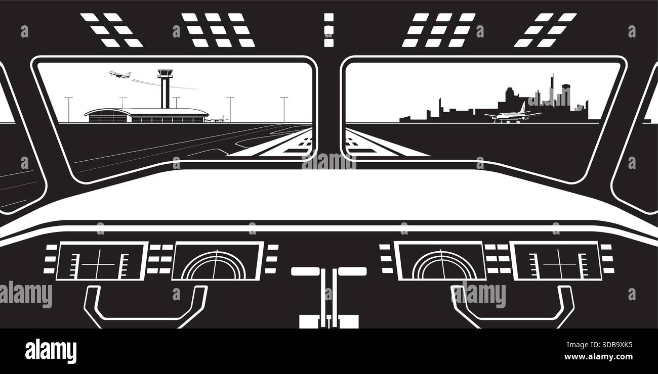 Vista del terminal dell'aeroporto dalla cabina di pilotaggio dell'atterraggio dell'aereo - illustrazione vettoriale Illustrazione Vettoriale