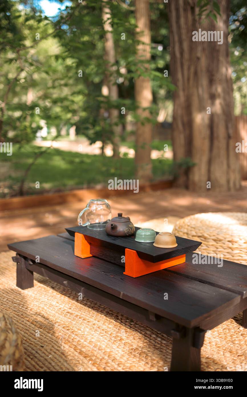 Preparazione della cerimonia del tè su un tradizionale tavolo da tè chaban con teiera e tazze, catturando l'armonia, la prontezza e l'atmosfera rituale Foto Stock