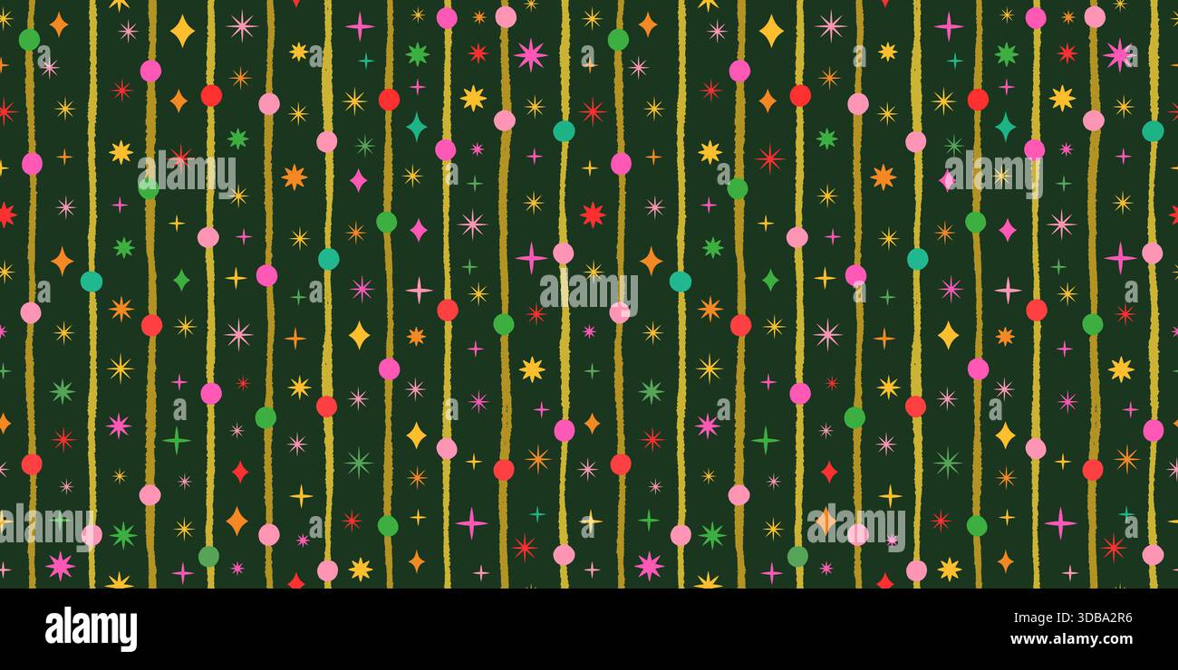 Puntini, strisce, scintille e stelle colorate su sfondo scuro, grazioso motivo vettoriale natalizio o di compleanno senza cuciture per striscioni e design della confezione Illustrazione Vettoriale