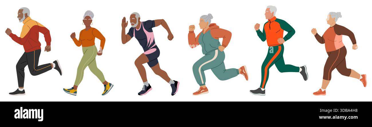 Set di diversi uomini e donne senior che fanno jogging Illustrazione Vettoriale