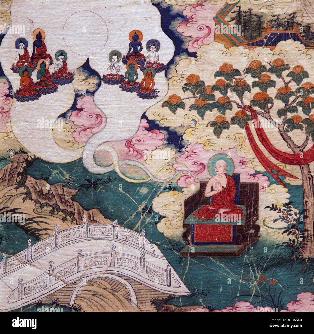 Cinque Buddha; il praticante immagina i cinque Buddha: Il Vairocana bianco, l'Aksobhya blu, il Ratnasambhava giallo (qui mostrato in bianco), l'Amitabha rosso e il verde Amoghasiddhi.il Buddhismo Vajrayana.creato per l'iniziazione di un principe mongolo nel XVIII secolo.rivela uno scambio unico tra cinese, mongolo e indo-tibetano, tutti i dipinti sono una guida segreta del 53.una cultura buddista. Foto Stock