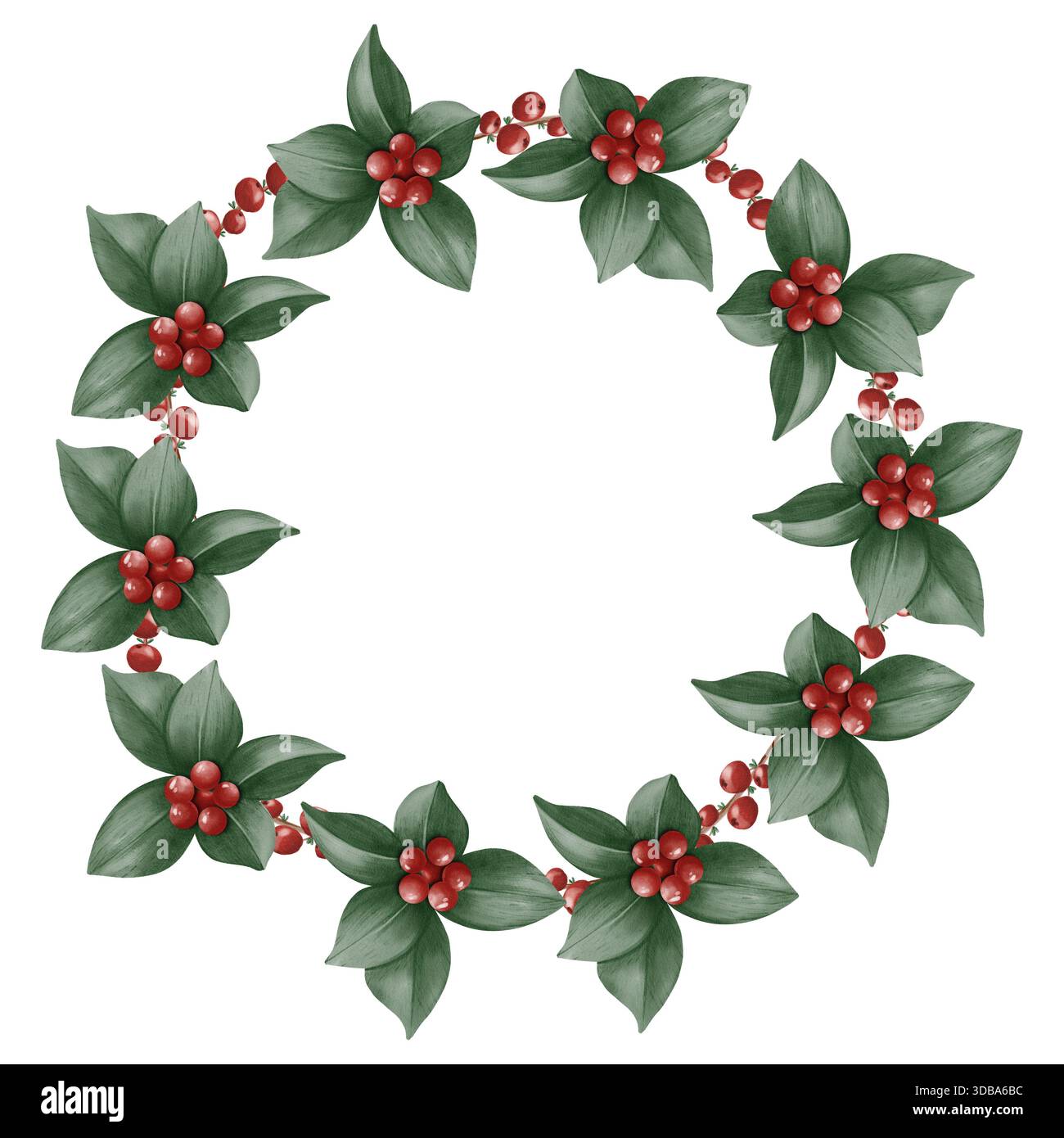 Una corona di Natale ad acquerello con foglie verdi, rami di abete e frutti di bosco rossi, dipinta in un morbido stile festivo. Perfetto per le carte vacanza Foto Stock