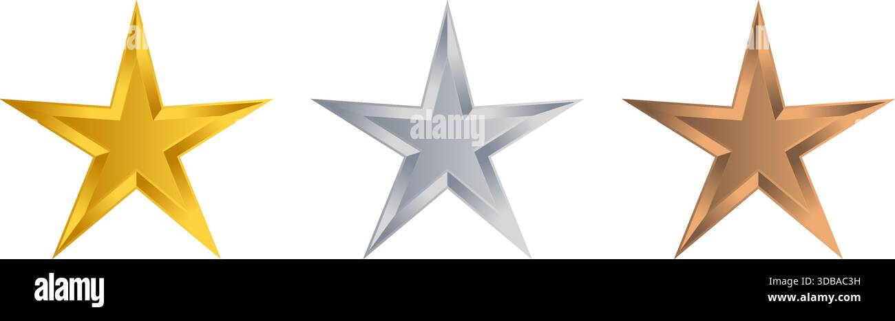 Golden Star Vector, Silver Star Vector, Bronze Star Vector Icon isolato su sfondo bianco. Illustrazione Vettoriale