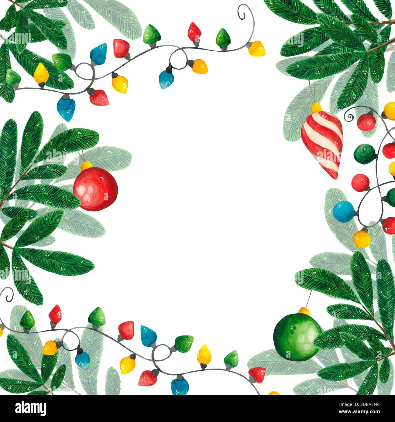 Illustrazione ad acquerello disegnata a mano. Festività, biglietto di Capodanno, cornice. Vacanze, Capodanno, natale, inverno, filiale di abete, aghi di pino, albero di natale Foto Stock